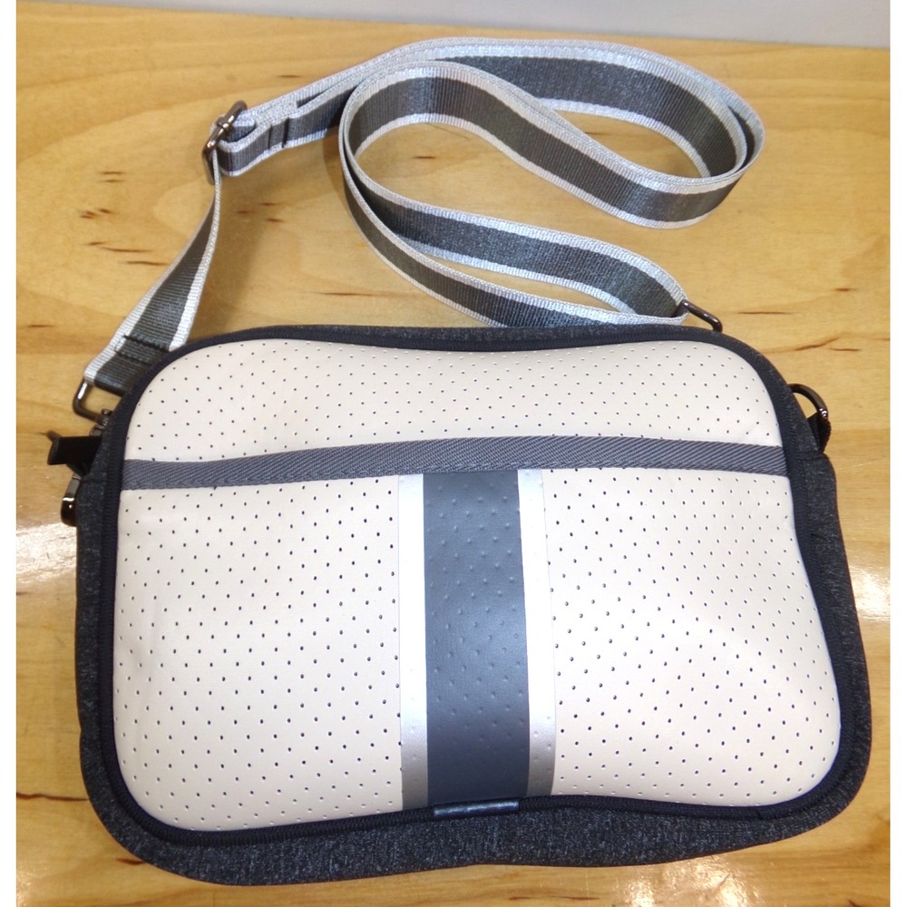 Haute Shore Drew Crossbody Purse Perforated Neoprene Beige Gray Silver Adj Strap